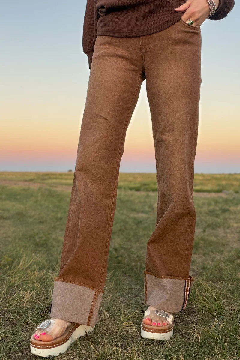 Mocha Leopard Straight-Leg Pants
