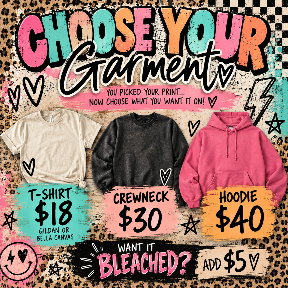 Choose Your Garment | Custom Tee, Crewneck or Hoodie| Design picked Separately